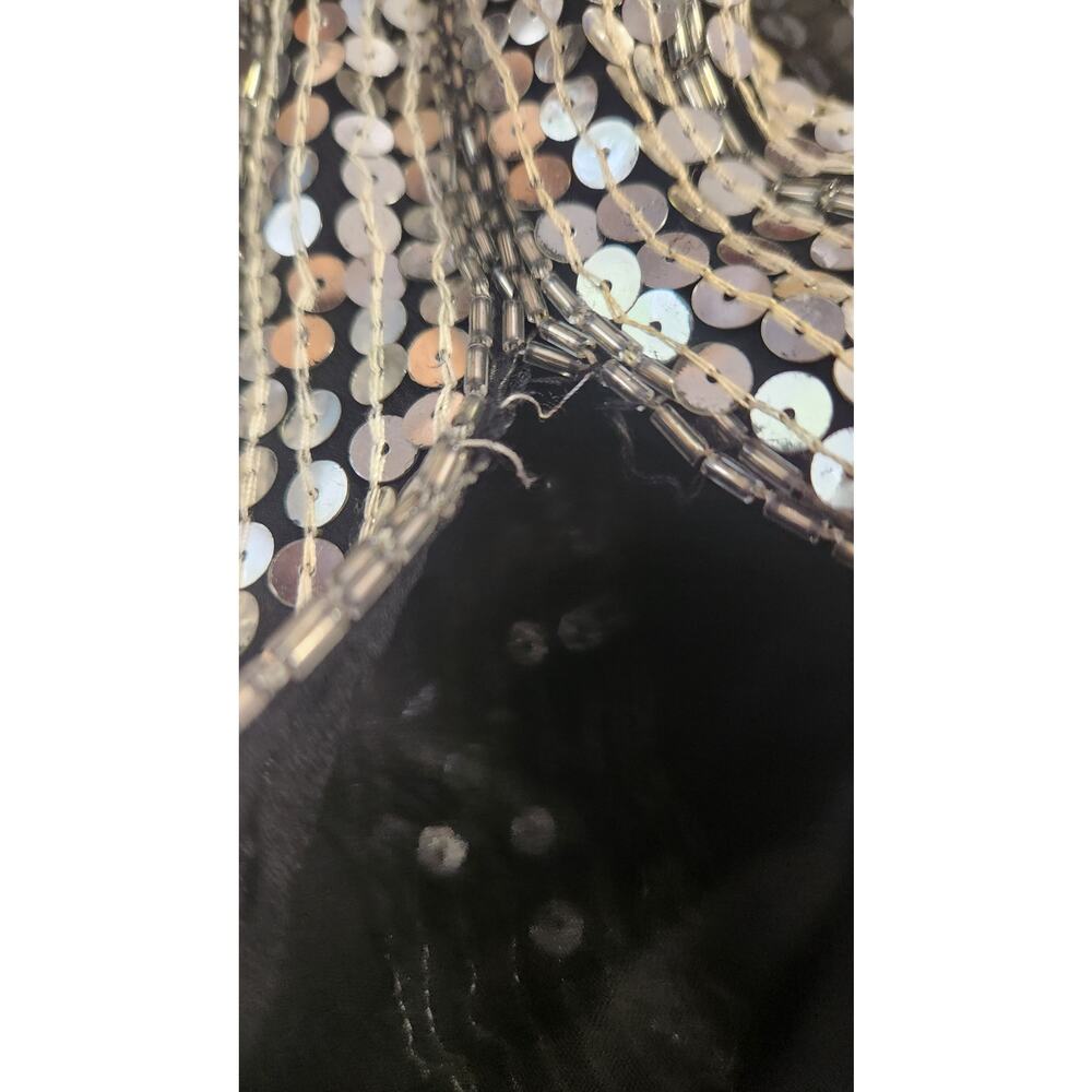 Vintage Sequin Black Silver Disco Art Deco Peacock V Neck Blouse Top Shirt - Picture 9 of 9